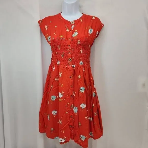 Free People Size Small Greatest Day Orange Floral Print Smocked Mini Dress T - Picture 2 of 10